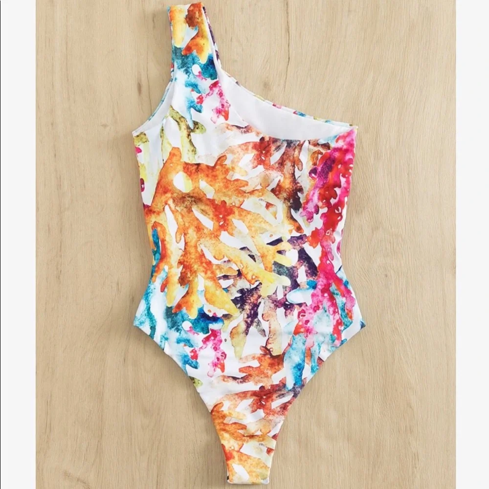 Boho Watercolor Floral Print One Shoulder Monokini One Piece Swimsuit - Picture 2 of 5